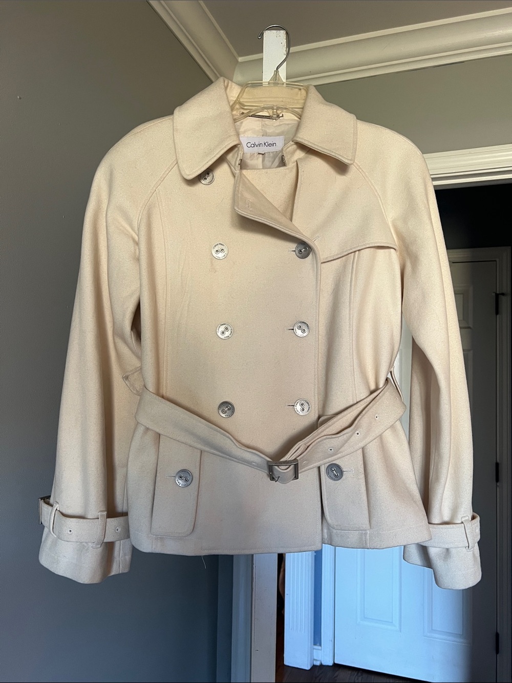Calvin Klein Women's Cream Double-Breasted Belted Trench Coat